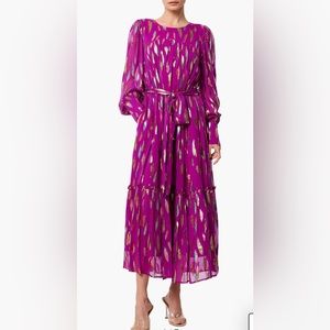 CIEBON Eryn Metallic Print Tie Waist Long Sleeve Maxi Dress L
